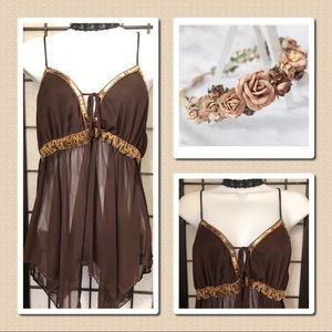 EUC Brown Sequins & Sheer Handkerchief Hem Blouse